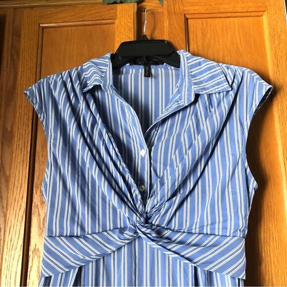 BCBGMAXAZRIA Collared Striped Ruffle Tie Back Sleeveless Shift Dress - 8 - Picture 3 of 14